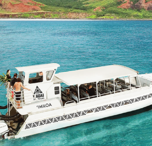White tour boat named Imiloa on clear blue ocean with green and red hillside in background