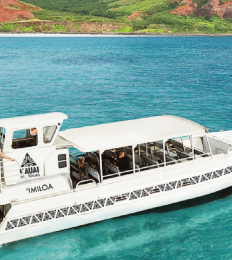 White tour boat named Imiloa on clear blue ocean with green and red hillside in background