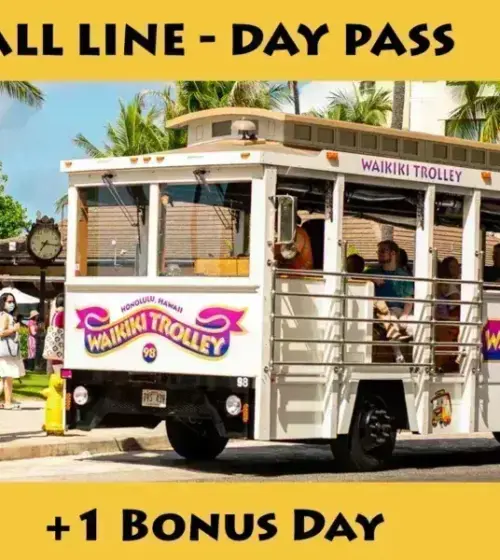 Waikiki Trolley on street with standing and seated passengers, pedestrians nearby and palm trees in background