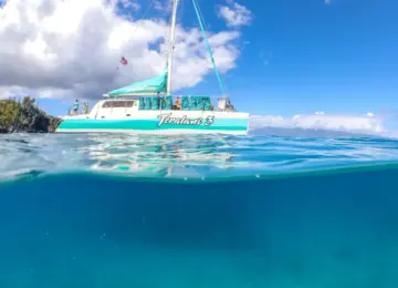 Sailboat Teralani 3 floating on blue ocean water with clear sky and distant island