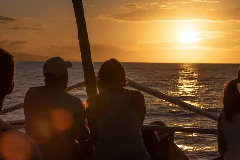 silhouettes of people watching sunset over ocean from boat