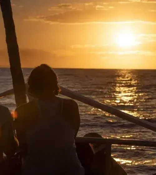 Group of silhouetted people on boat watching ocean sunset