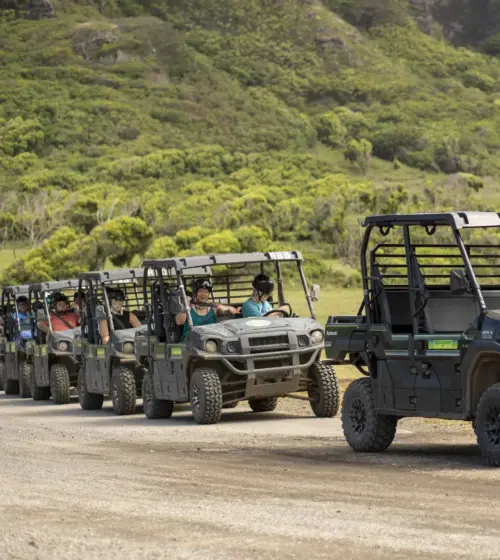 line of off-road vehicles with people driving and riding in lush green open landscape
