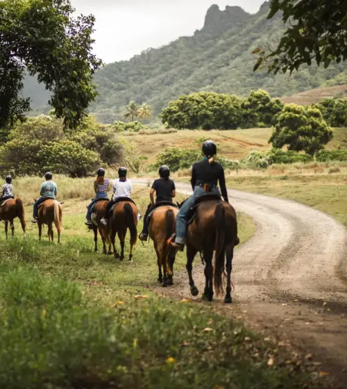 group of people horseback riding on a dirt trail in green Hawaiian countryside with mountains and trees