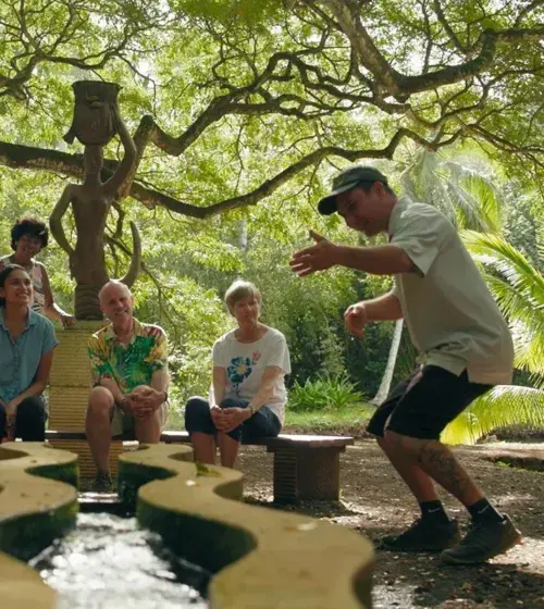 Diverse group of six people sitting and standing around a sculpture in a shaded park with large spreading tree branches overhead