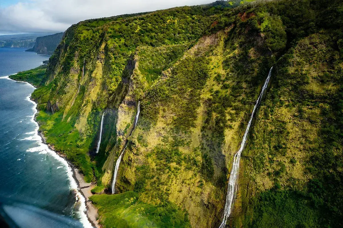 lush green coastal cliffs with several tall waterfalls flowing into the ocean