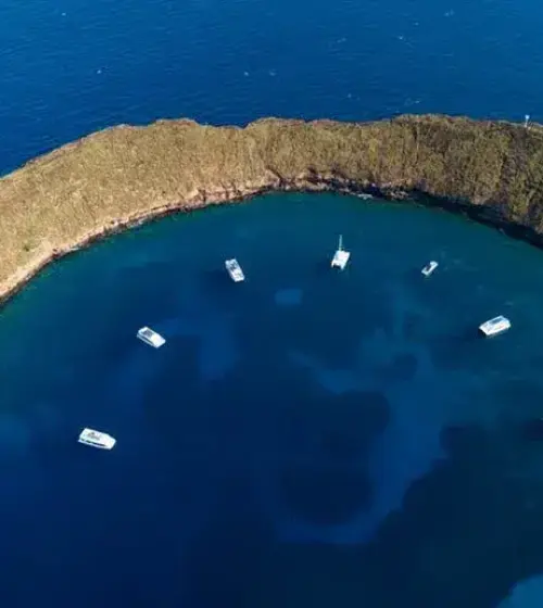 Aerial view of crescent-shaped island surrounded by blue ocean with several boats anchored near shore
