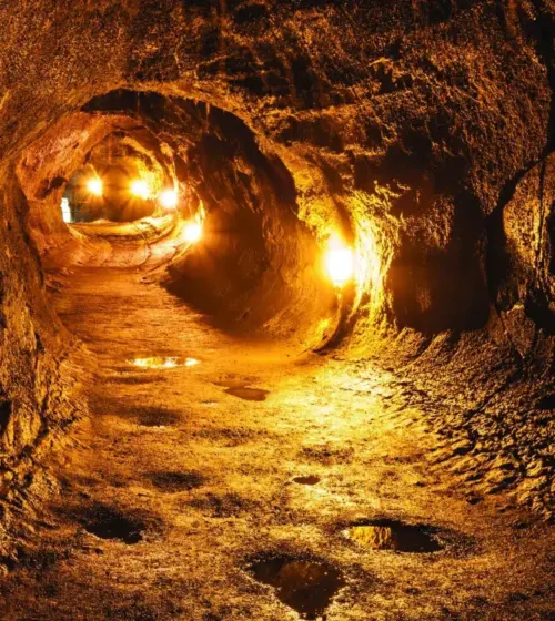 Interior of illuminated lava tube cave with textured walls and puddles on the floor