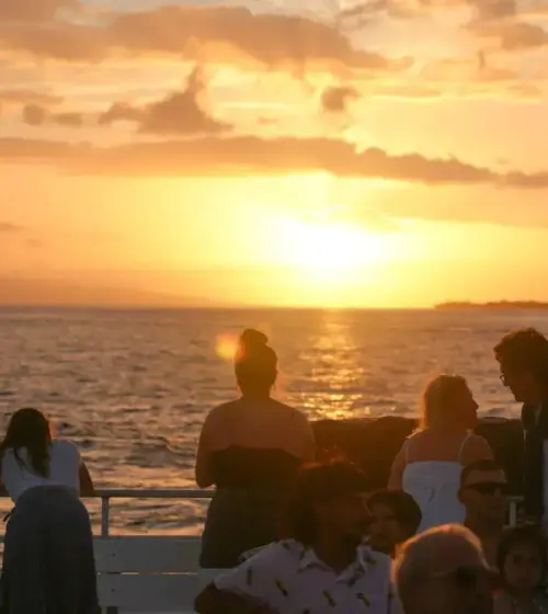 group of people watching sunset over ocean on boat