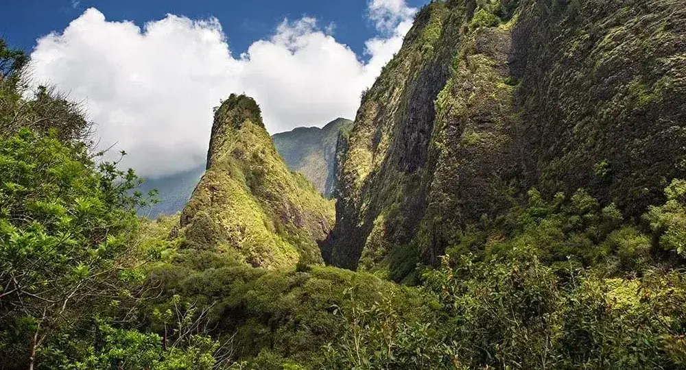 Steep green Hawaiian mountains under blue sky with clouds and surrounding forest