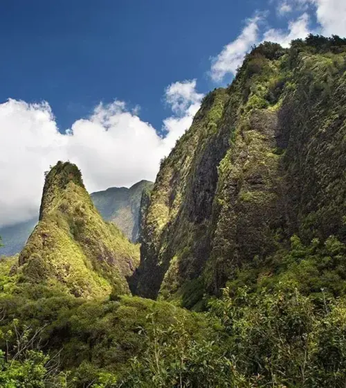 Steep green Hawaiian mountains under blue sky with clouds and surrounding forest