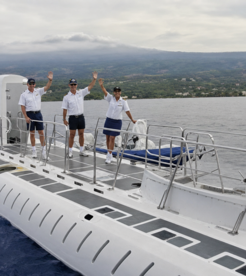 three people waving on deck of a white submarine over ocean water with distant shoreline