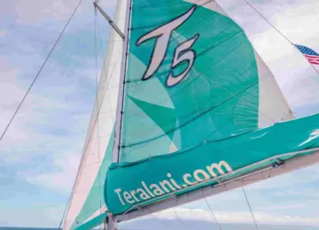 teal and white sailboat sail with T5 and teralani.com text under blue sky